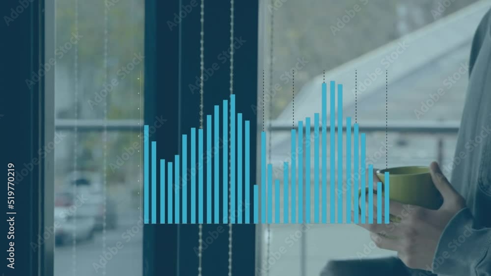 Poster animation of statistical data processing over biracial man drinking coffee at home