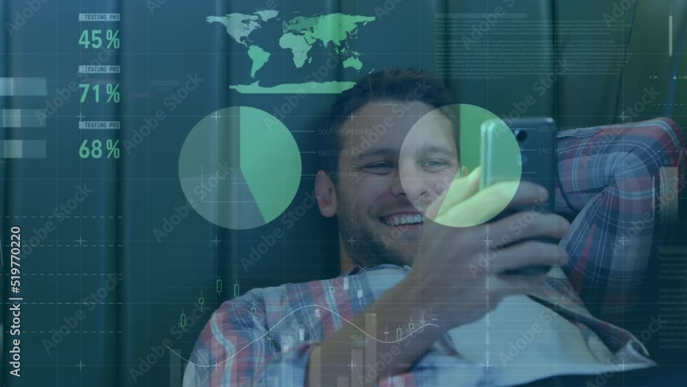 Poster animation of statistical data processing over caucasian man using smartphone while lying