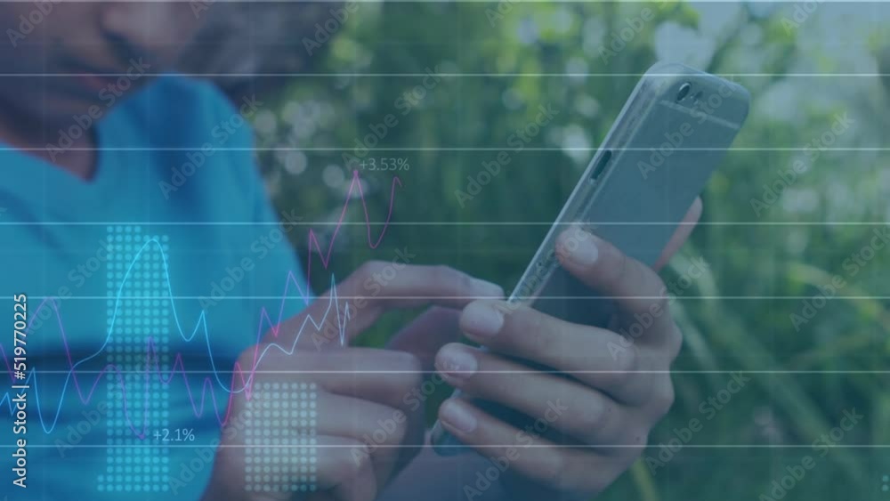 Poster animation of statistical data processing over indian boy using smartphone in the park