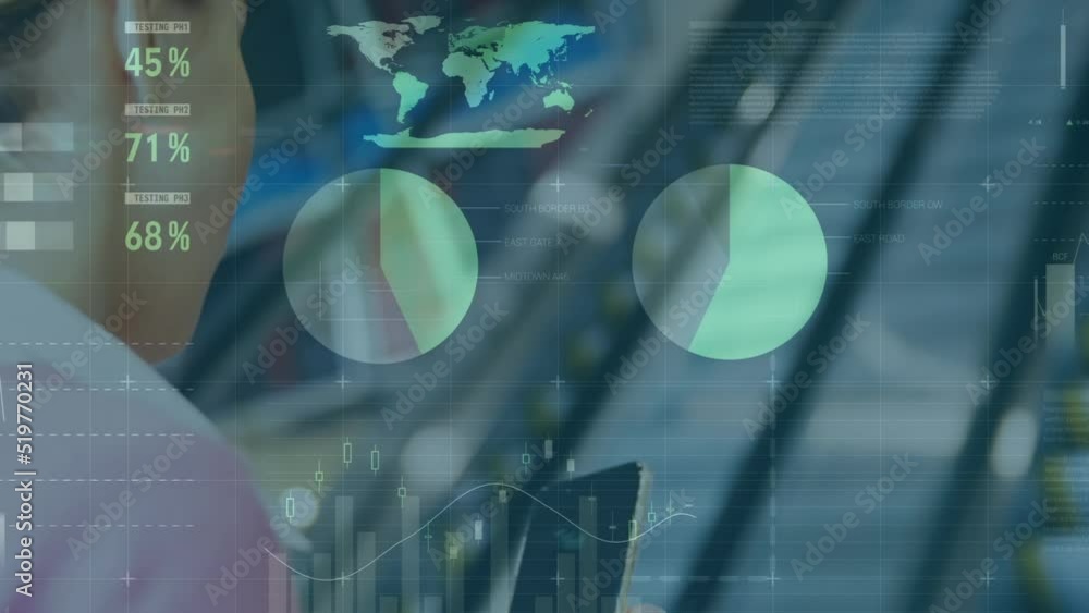 Poster animation of statistical data processing over caucasian businesswoman using smartphone