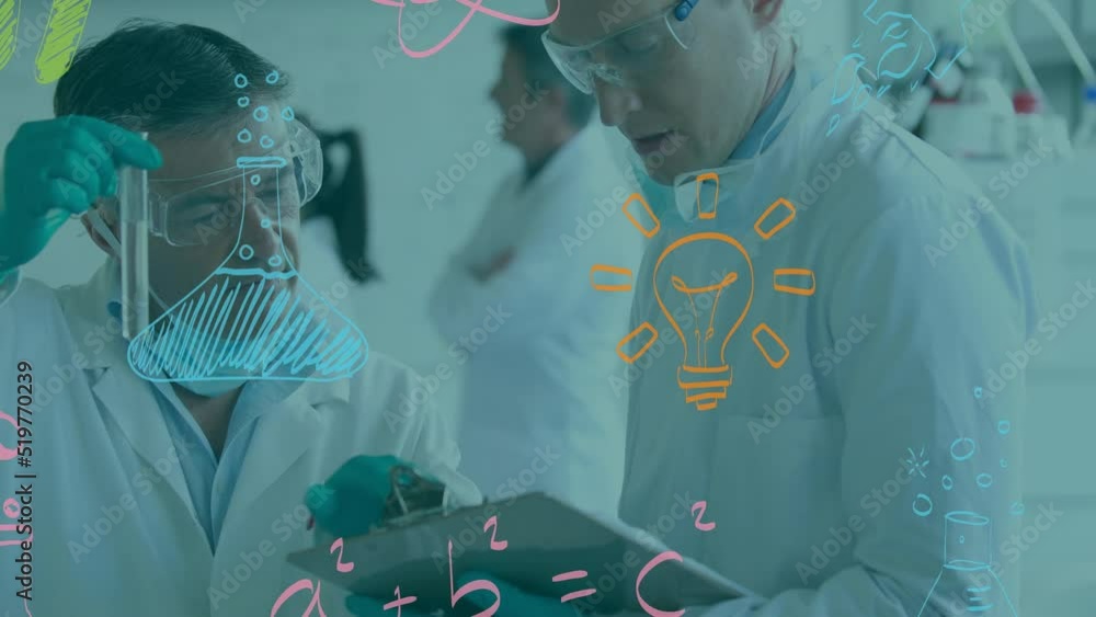 Poster animation of multiple science concept icons over two caucasian male scientists working at laboratory