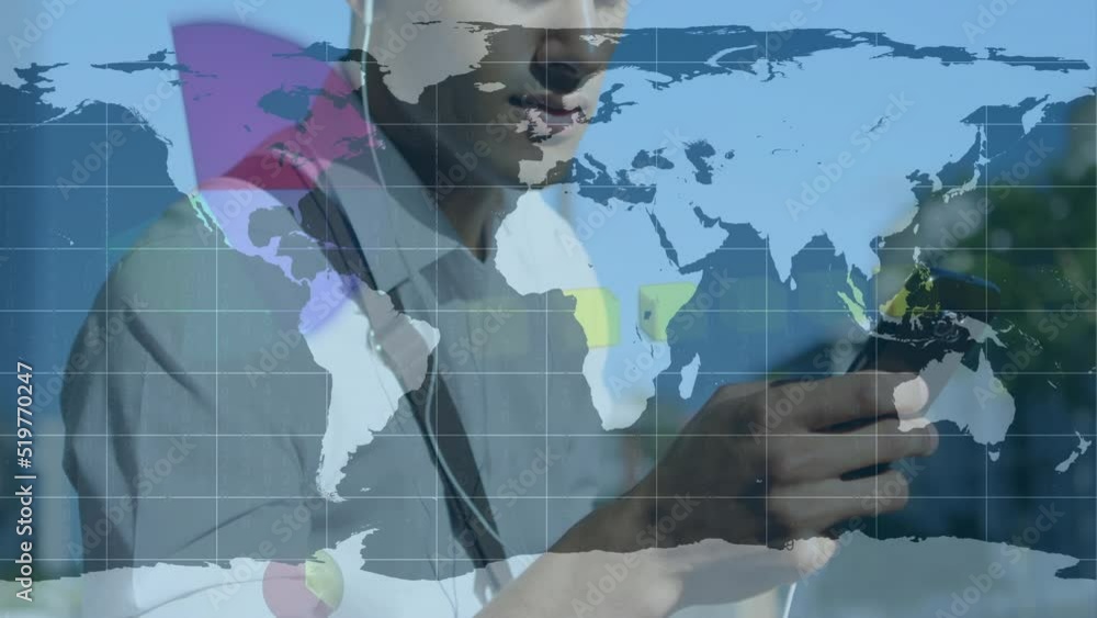 Poster animation of statistical data processing over mid section of caucasian man using smartphone