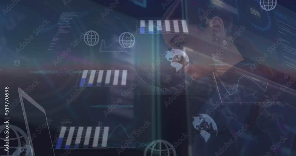 Poster animation of moving graphs and computer network icons over happy biracial businesswoman using laptop