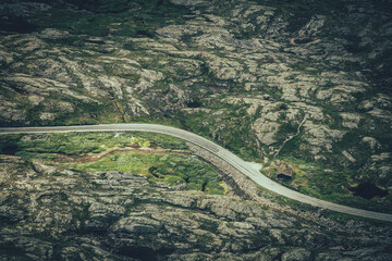 Norwegian Road Through the Rocky Mountain Landscape Aerial View