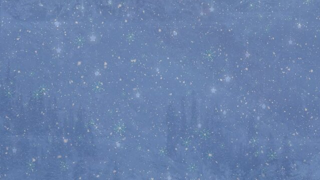 Animation of glowing star icons and snow falling over winter landscape