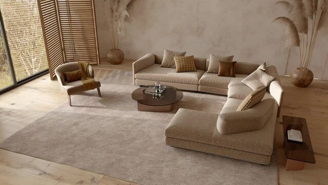 Modern interior japandi style design living room. Scandinavian apartment with wooden furniture. High quality footage 4K. 3d render illustration video.