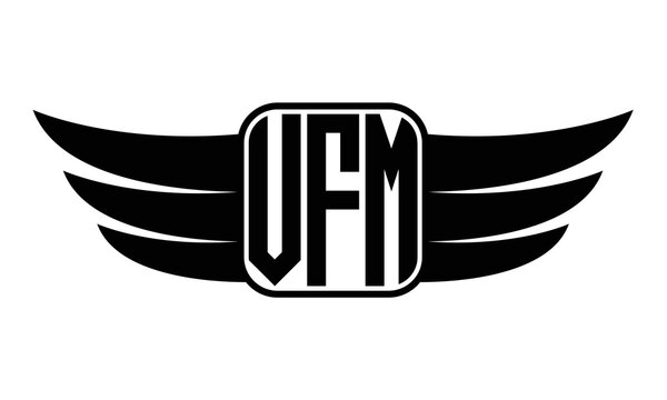 VFM three Letter wing minimalist creative concept icon eagle symbol professional black and white logo design, Vector template