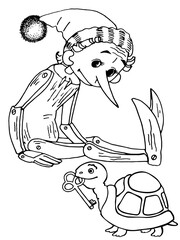 Illustration for children's book Pinocchio, turtle and golden key, coloring book