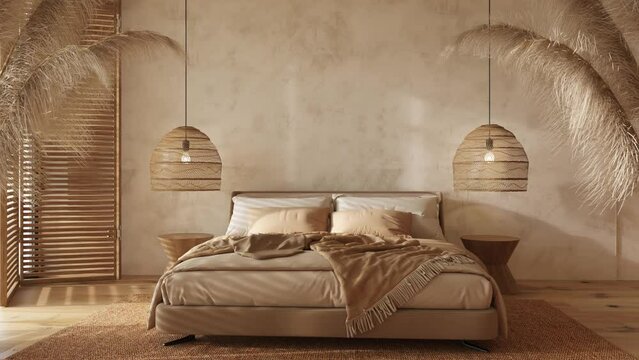 Boho scandinavian style in farmhouse interior. Beige bedroom with natural wooden furniture. High quality footage 4K 3d rendering illustration video.