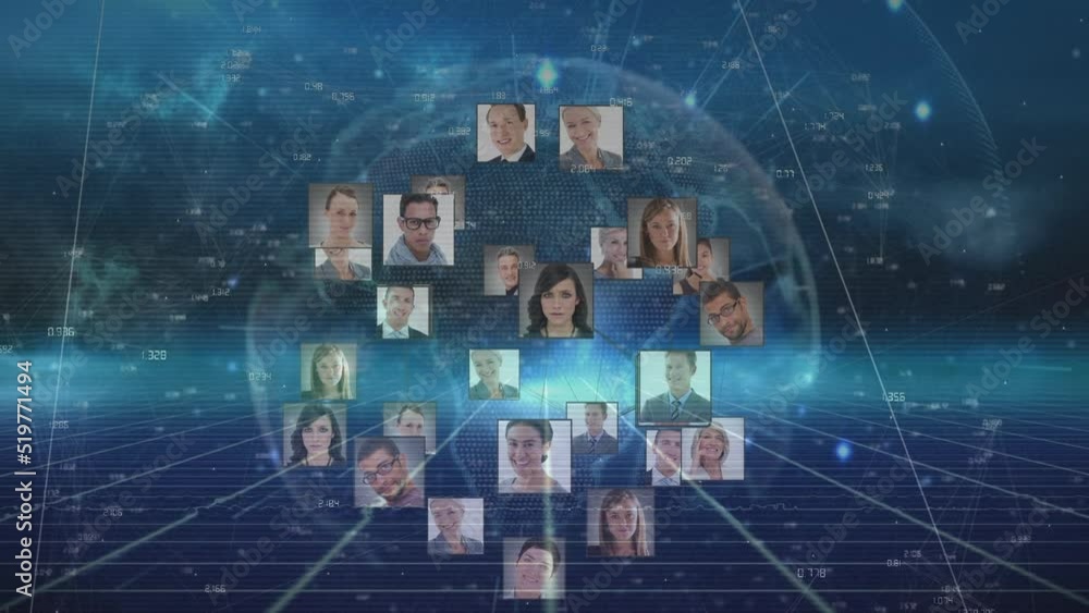 Poster animation of data processing over people icons and globe