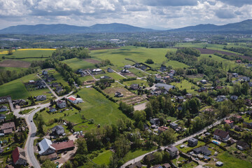 Obraz premium Miedzyrzecze Gorne village in Silesia region of Poland, drone aerial photo
