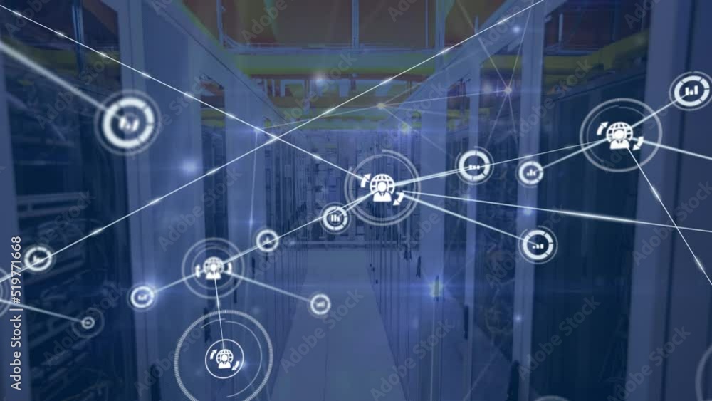 Poster animation of network of connections withicons over computer servers