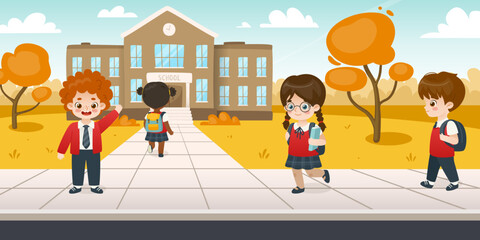 Cartoon kids go to school in the autumn. Adorable pupils on the sidewalk to school. Cute cartoon schoolchildren go to classes.