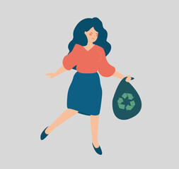 Young woman picking up trash while walking. Cheerful Girl running or Jogging while holding a garbage bag. Green ecology, environment protection and earth day concept. Vector illustration. 