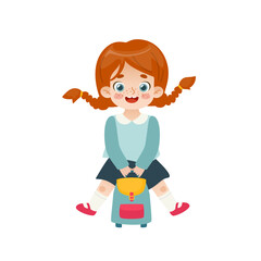 Cute school girl jumping with backpack. Happy cartoon student. Adorable baby girl with red hair.