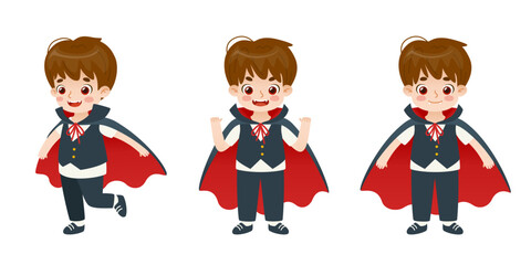Set of boy in dracula halloween costume poses. Cute vampire kid. Cartoon child in creepy costume.