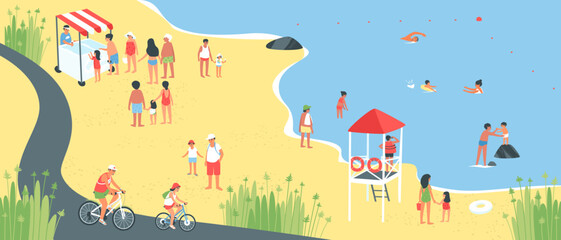 Summer vacation on the seashore people bathe. A lifeguard on a tower by the sea watches people. Father and daughter ride bikes on the bike path. Children eat ice cream. Flat vector illustration