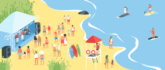 Surf picnic vacation by the sea. A lifeguard on a tower near the sea watches surfers floating on the water. In summer, people listen to music on the seashore. Water sports. Flat vector illustration