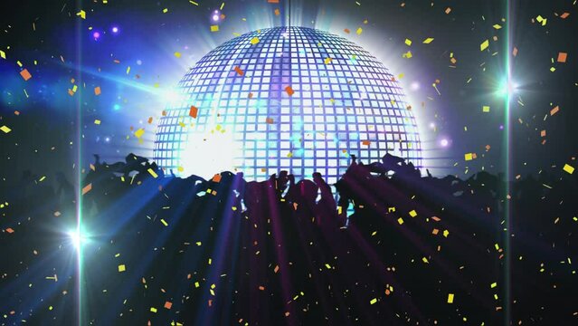Animation of light spots and disco ball over people dancing