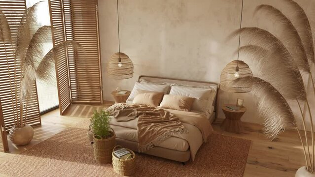 Boho scandinavian style in farmhouse interior. Beige bedroom with natural wooden furniture. High quality footage 4K 3d rendering illustration video.