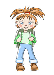 Cute readheaded little girl with backpack. Vector cartoon illustration, isolated on white.