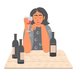 A sad girl is sitting with a glass of wine in her hand. Empty bottles are on the table. Depression, stress. Alcohol addiction, harmful habit, health hazard. Vector isolated flat illustration.