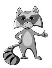 Funny cartoon raccoon with thumb up gesture. Vector illustration isolated on white.