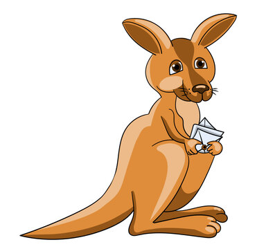 Cartoon illustration of a postman kangaroo with letters in its bag. Mail delivery icon. Vector illustration, isolated on white.