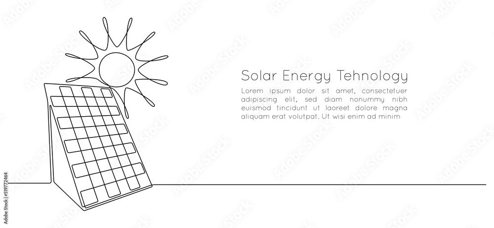 Poster one continuous line drawing of solar panel with sun. green clean energy in simple linear style. rene