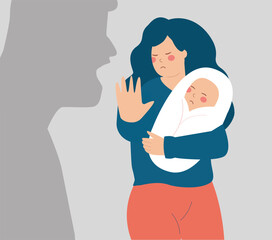 Single mother protects her newborn from the shadow of a man who threatens and screams at them. Concept of the people and family abuse, domestic violence. Stop bullying children and women in society.