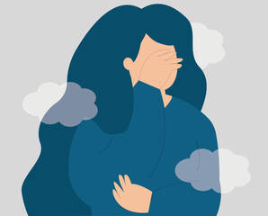 Depressed woman with a clouded mind covers her face. Stressed teenager girl suffers from mental health disorders. Psychological problems, anxiety, depression concept. Vector illustration.

