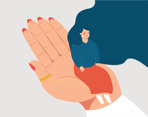 Pregnant woman sits on a doctor's hand during a check-up. Maternity for women who need help and support. illustration of hospital care. Gynecologist, psychological and mental health concept. Vector.

