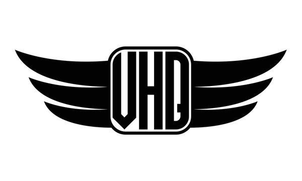 VHQ three Letter wing minimalist creative concept icon eagle symbol professional black and white logo design, Vector template