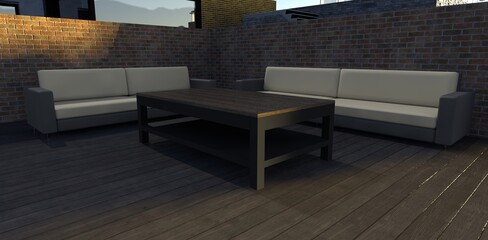 Rest zone. Terrace board flooring. Black and beige sofa and wooden table. Fence red old brick. 3d render.
