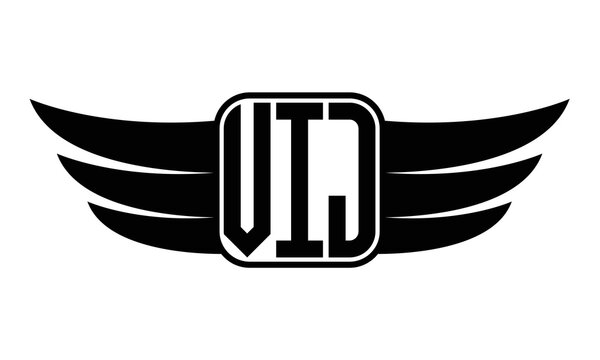 VIJ three Letter wing minimalist creative concept icon eagle symbol professional black and white logo design, Vector template