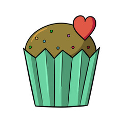 Chocolate cupcake with multicolored round sugar crumbs and a heart, vector illustration in cartoon style