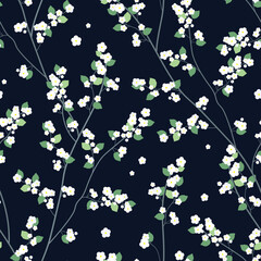 Little white flowers and green leafs on a dark blue background. Seamless vector pattern.	
