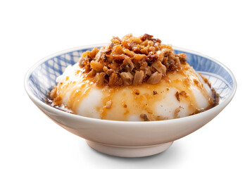 Taiwanese savory rice pudding Wa gui with chopped dried radish and soy sauce isolated on white...