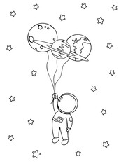 Cute astronaut in outer space with planets like balloons in cute flat cartoon style. Black contour isolated on white background. Vector illustration for coloring page, book for kids.