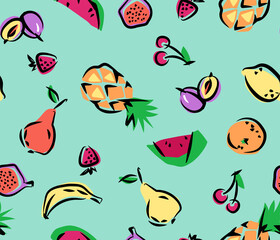 Seamless background with yellow bananas, pineapples and juicy strawberries on a mint green background. Cute background. Illustration of bright summer fruits. Fruit mixture design for fabric