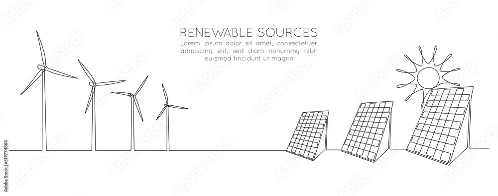 Poster One continuous line drawing of wind turbine and Solar panel with sun. Clean energy in simple linear style. Renewable and sustainable resources web banner. Editable stroke. Doodle vector illustration