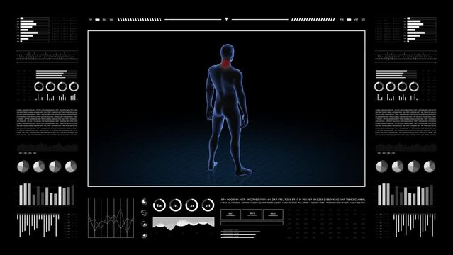 Man with cervical pathology. 3d body of boy. Rotating animation and closeup of male human structure.
