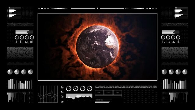 Climate changes analysis. Digital interface with animated infographics, data report and stats. Global warming study concept. Earth globe 3d burning for climate changes.