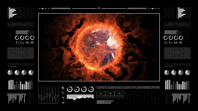 Climate changes analysis. Digital interface with animated infographics, data report and stats. Global warming study concept. Earth globe 3d burning for climate changes.