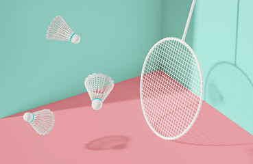 Game with rackets in which a shuttlecock trendy colorful style design background..