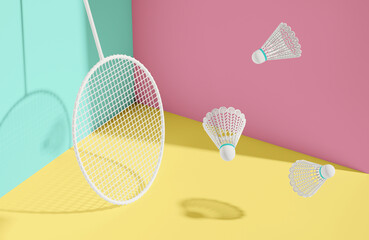 Game with rackets in which a shuttlecock trendy colorful style design background..