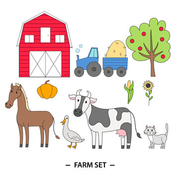 Farmers set. Vector icon set of farm rural buildings with animals, vegetables, farmhouse, tractor, windmill. Local product. Agriculture and farming concept. Village life