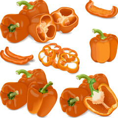 Set of bell peppers for banners, social media. Whole, half, sliced and wedges capsicum. Orange pepper, sweet bell pepper. Fresh organic vegetables. Vector illustration isolated on white background.