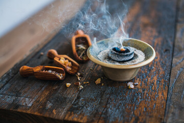 Incense burning on some coal - holy smoke ritual with different resins and herbs on a dark wooden...