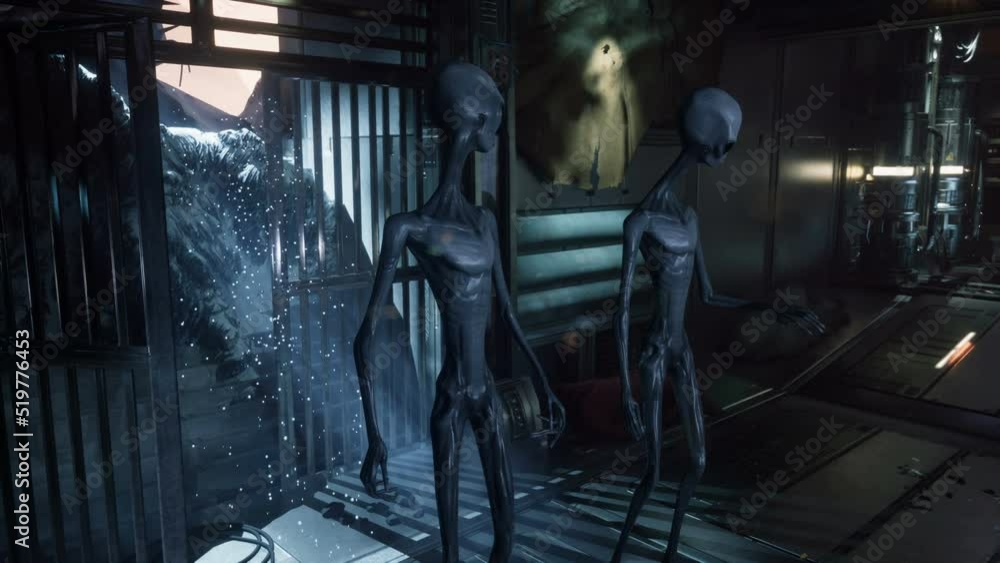Poster aliens explore an alien crashed spaceship. apocalyptic atmosphere of an old spaceship. the concept o